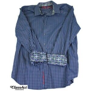 Robert Graham Classic Fit Shirt Mens Large Blue Check Flip Cuff Button Up Cotton